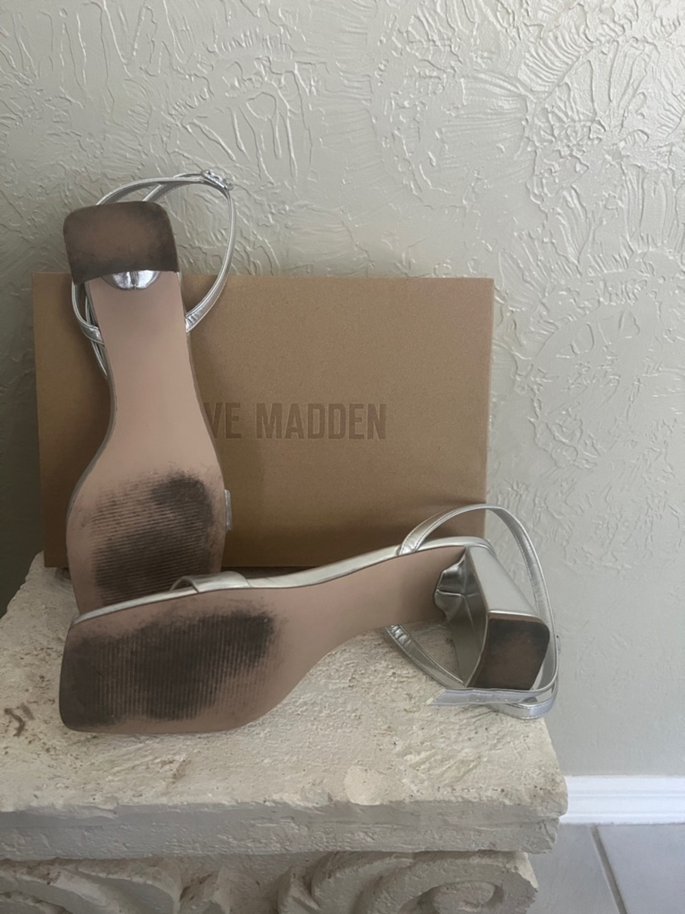 Steve Madden Metallic Silver Slingback Block Heel Sandals - Picture 3 of 6